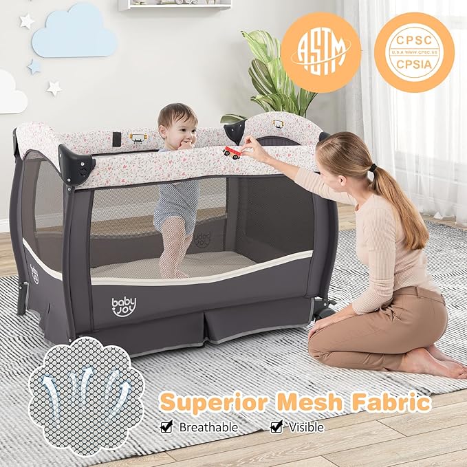 BABY JOY 4 in 1 Pack and Play, Portable Baby Playard with Bassinet & Flip-away Changing Table, Canopy, Infant Bassinet Activity Center with Storage Basket, Oxford Bag from Newborn to Toddlers (Floral)