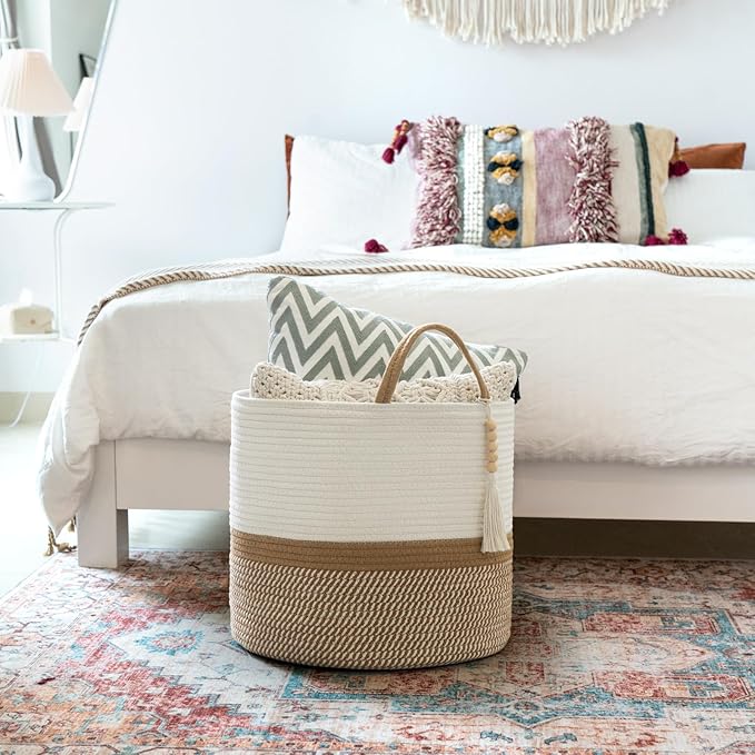 Mkono Woven Storage Basket Decorative Natural Rope Basket Wooden Bead Decoration for Blankets,Toys,Clothes,Shoes,Plant Organizer Bin with Handles Living Room Home Decor, 16"W×13.8"L, White and Brown