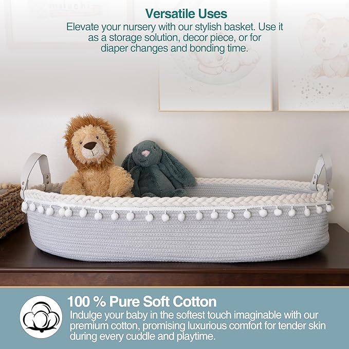 Baby Changing Basket - Portable Changing Pad for Dresser - Foldable Moses Basket for Babies - Includes Thick Pad, Felt Letter Board, Waterproof Pad Covers, Fleece Blanket, Cotton Carry Bag