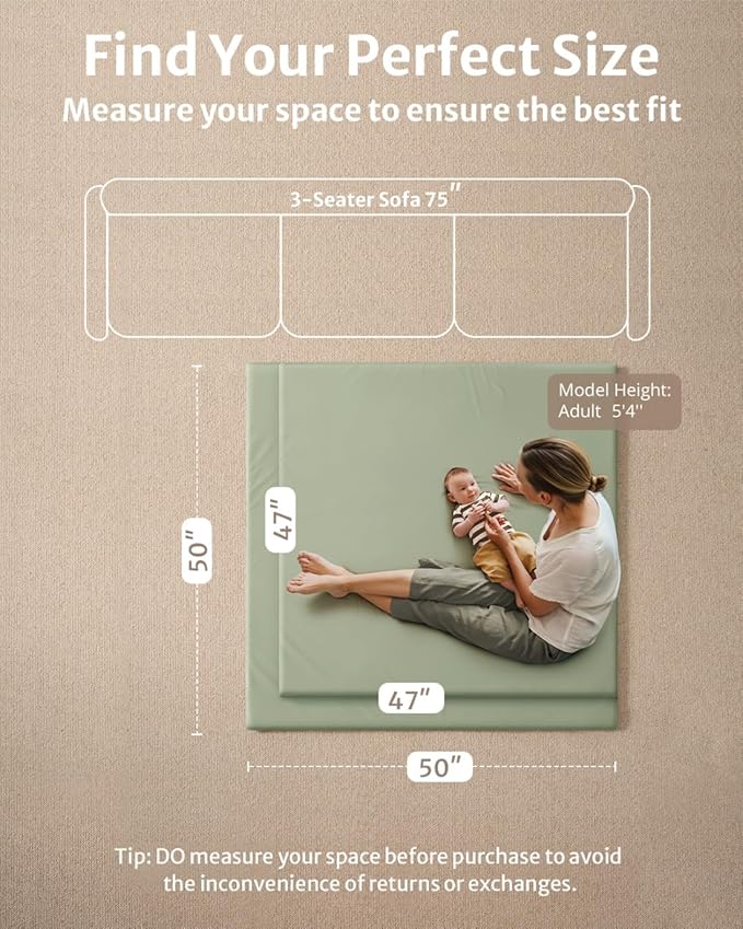 Blissful Diary Vegan Leather Baby Play Mat, 50x50 Thicken Foam Cushioned & Waterproof Playpen Mat for Infants and Toddlers, Stylish and Just Wipe-Clean Playmat for Baby Play on Floor, Light Green