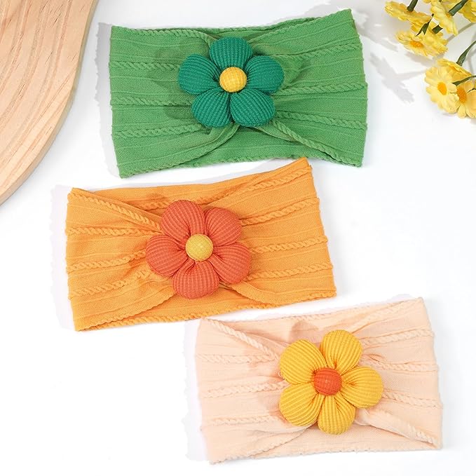 CÉLLOT Baby Flower Headbands Baby Girls Nylon Headbands Baby Essentials Stretchy Hairbands Handmade Hair Accessories for Newborn Infant Toddlers Kids (Salmon+Yellow+Green)