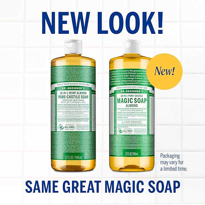 Dr. Bronner's Pure-Castile Magic Soap Liquid- Made with Regenerative Organic Certified Oils- For Body, Face, Hair, Dishes, Laundry, Vegan Bath Soaps for Men & Women, Non-GMO- Almond, 32oz + Refill