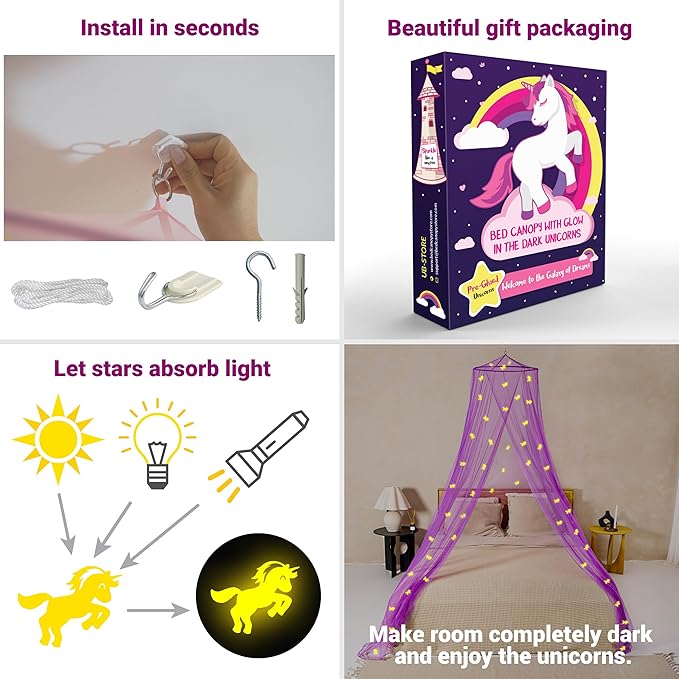 Purple Canopy for Girls Bed with Pre-Glued Glow in The Dark Unicorns - Princess Mosquito Net Room Decor - Kids & Baby Bedroom Tent with Galaxy Lights - 1 Opening Canopy Bed & Hanging Kit Included