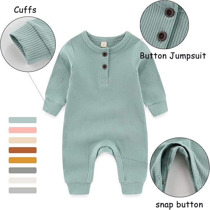 Newborn Baby Boys Girls One Piece Romper With Mitten Cuffs 3 Pack Long Sleeve Ribbed Button Jumpsuit Outfit Clothes