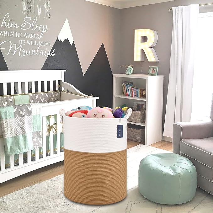 COMSE Extra Large Blanket Basket, Tall Woven Storage Basket, Nursery Hamper, 15.7”x 21.7”, Cotton Rope Laundry Hamper for Toys Clothes Towels, White/Camel