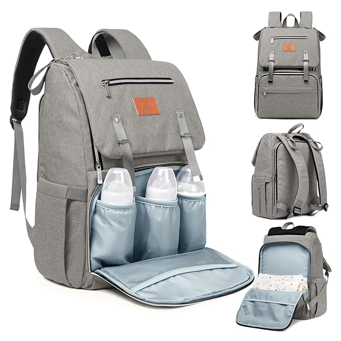 KeaBabies Baby Diaper Bag Backpack, Travel - Large Baby Bag for Mom and Dad, Waterproof, Multi-Function Girl Boy Diaper Backpack with Changing Pad, Durable Travel Essentials (Classic Gray)