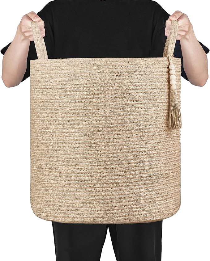 Mkono Tall Wicker Laundry Basket Woven Storage Basket Decorative Natural Rope Basket Wooden Bead Decoration for Blankets,Toys,Clothes,Shoes,Plant Organizer Bin with Handles Living Room 15" Wx17.7 L