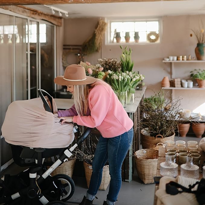 mushie Baby Car Seat Canopy Cover | Breathable & Stretchy Multi Use Cover for Breastfeeding, Nursing, High Chair, Shopping Cart, Strollers (Blush)