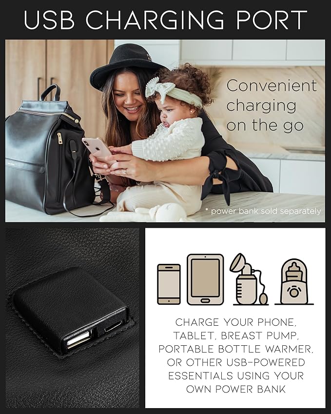 MIA + SOPHIA Leather Diaper Bag Backpack with USB Charging port, Changing Pad, Stroller Straps, and Bottle Holder (Black Sophia)