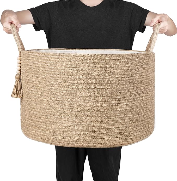 Mkono Extra Large Laundry Basket Woven Storage Baskets for Blankets Toys Clothes Organizer, Decorative Clothes Hamper 21.7" x 13.8"