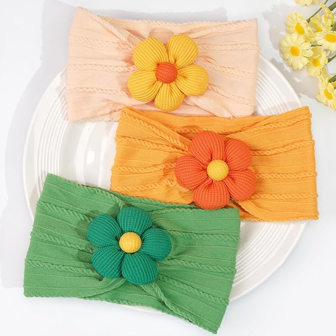 CÉLLOT Baby Flower Headbands Baby Girls Nylon Headbands Baby Essentials Stretchy Hairbands Handmade Hair Accessories for Newborn Infant Toddlers Kids (Salmon+Yellow+Green)