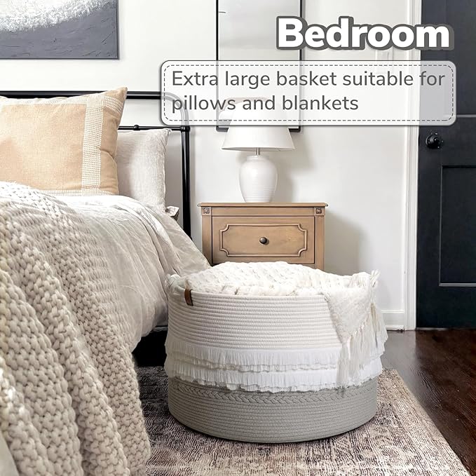 CherryNow Extra Large Rope Basket for Toys, Grey Blanket Basket for Living Room, Entryway, Nursery Laundry Baskets for Clothes, 22 x 14 inches, 83L