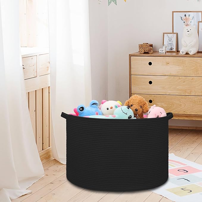 Extra Large Blanket Basket 87L, Laundry Hamper, Baby Nursery Hamper for Storage Toys Clothes Towels, Large Cotton Rope Laundry Basket for Girls Boys, 22”x 14”, Black