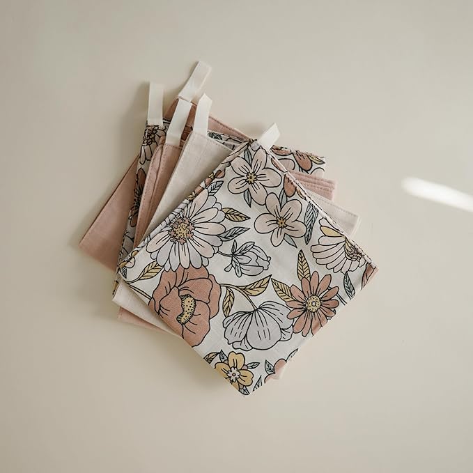 mushie Muslin Organic Cotton Washcloths 5-Pack (Retro Flowers Combo) | Soft Wipes for Baby Cleanups and Bathing