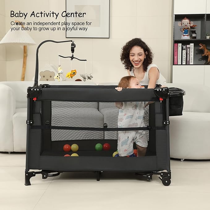 5 in 1 Pack and Play, Baby Bassinet Bedside Sleeper, Baby Playard, Bedside Crib with Changing Table, Foldable Travel Playard for Newborn to Toddles (Black)
