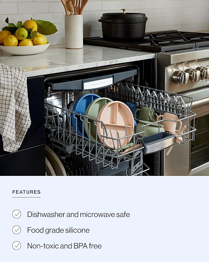 Lalo First Bites Silicone Baby Feeding Set - Baby Led Weaning Supplies - Non-Toxic Silicone - Includes 1 Bib, 2 Spoons, Training Cup, Suction Plate and Bowl - 6 Pieces - Grapefruit