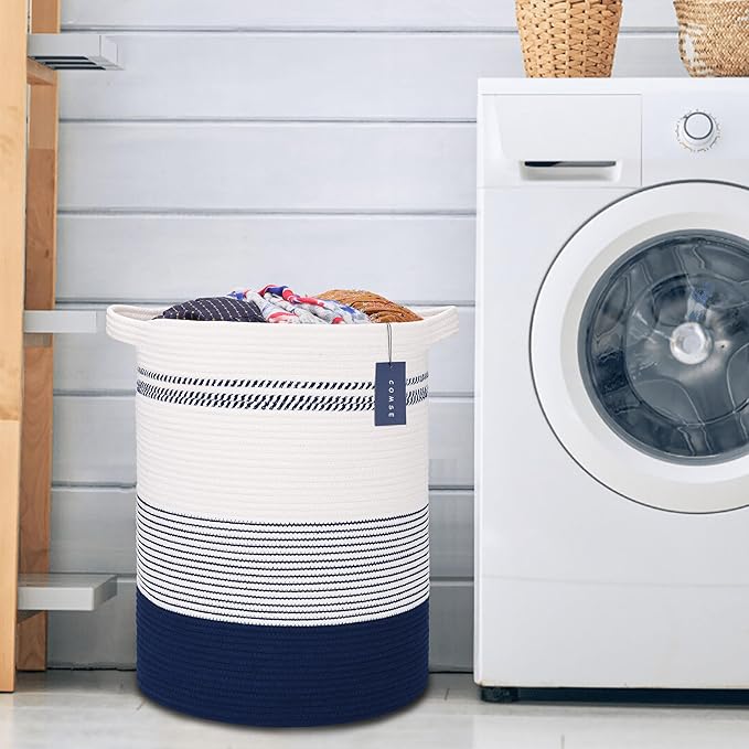 COMSE Extra Large Blanket Basket, Tall Laundry Basket, Nursery Hamper, 15.7”x 21.7”, Cotton Rope Woven Laundry Hamper for Storage Toys Clothes Towels, Navy Blue & White