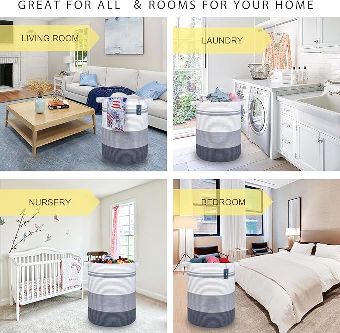 COMSE Extra Large Blanket Basket, Tall Laundry Basket, Nursery Hamper, 15.7”x 21.7”, Cotton Rope Woven Laundry Hamper for Storage Toys Clothes Towels, Gradient Gray