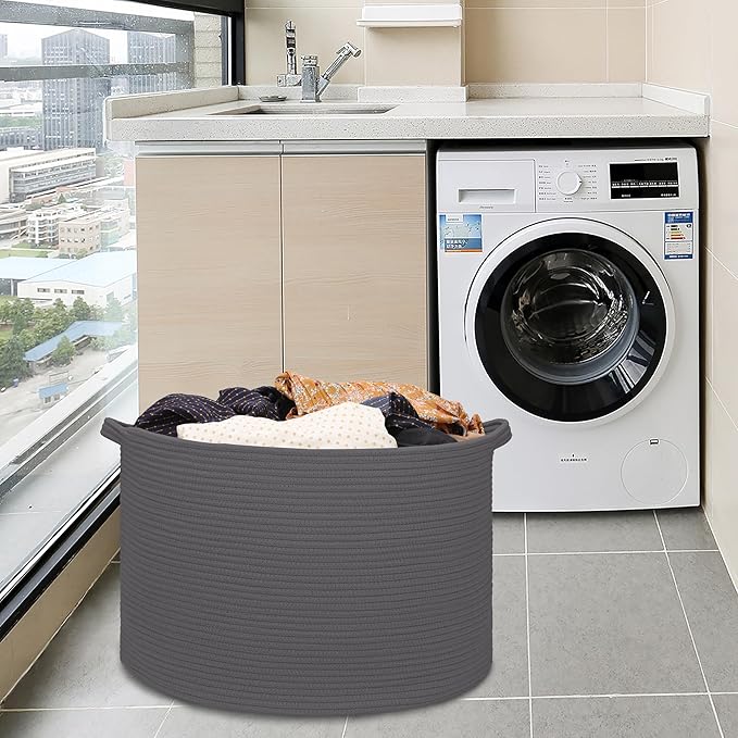 Extra Large Blanket Basket 87L, Laundry Hamper, Baby Nursery Hamper for Storage Toys Clothes Towels, Large Cotton Rope Laundry Basket for Girls Boys, 22”x 14”, Dark Gray