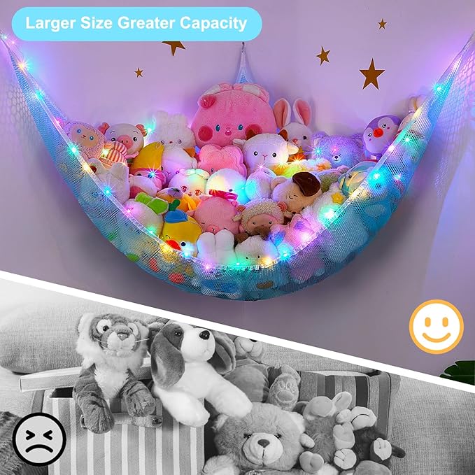 Unicorn Castle Stuffed Animals Net or Hammock Kids Toy Storage Organizer with LED Light Hanging Corner Stuffed Animals Holder Kids Girls Room Decor,Blue,XL-Large-Pack of 1