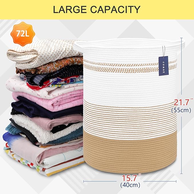 COMSE Extra Large Blanket Basket, Tall Laundry Basket, Nursery Hamper, 15.7”x 21.7”, Cotton Rope Woven Laundry Hamper for Storage Toys Clothes Towels, Brown & White