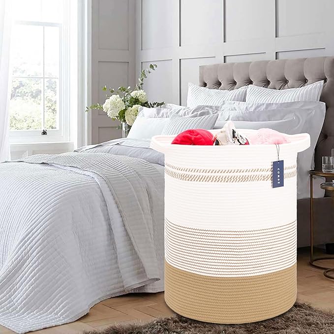 COMSE Extra Large Blanket Basket, Tall Laundry Basket, Nursery Hamper, 15.7”x 21.7”, Cotton Rope Woven Laundry Hamper for Storage Toys Clothes Towels, Brown & White