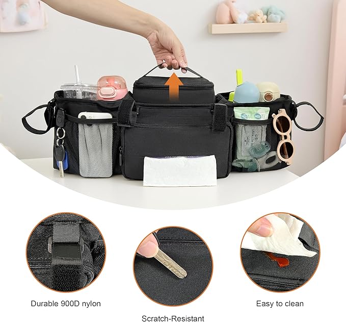 Double Stroller Organizer for Bob Duallie and Baby Jogger City Mini GT2, Double Jogging Stroller Caddy with 2 Insulated Cooler Pockets & Detachable Bag