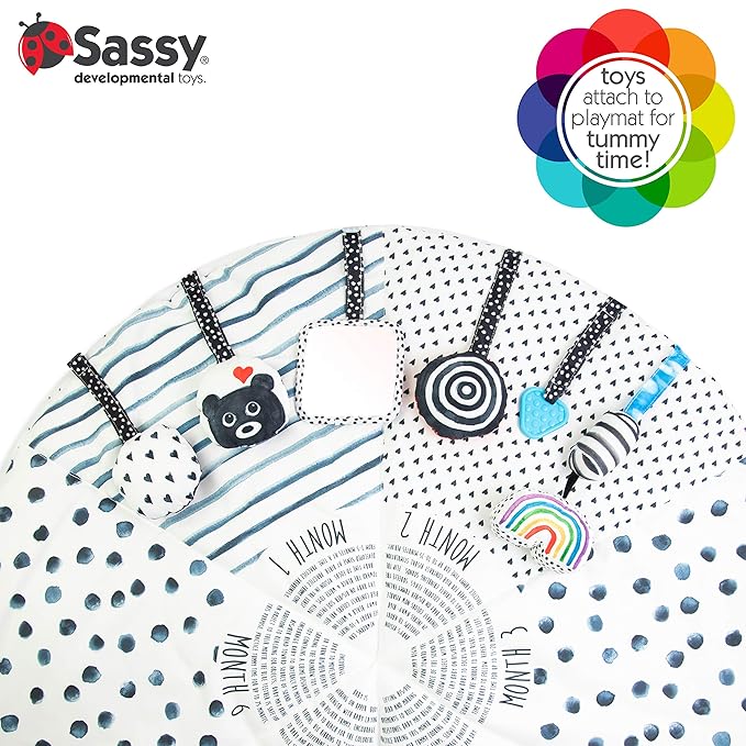 Sassy Stages STEM Developmental Play Gym, Sensory Tummy Time Activity Play Mat w/Built-in Instructions, Ultra Plush & Machine Washable Playmat for Babies & Toddlers, 0+ Months