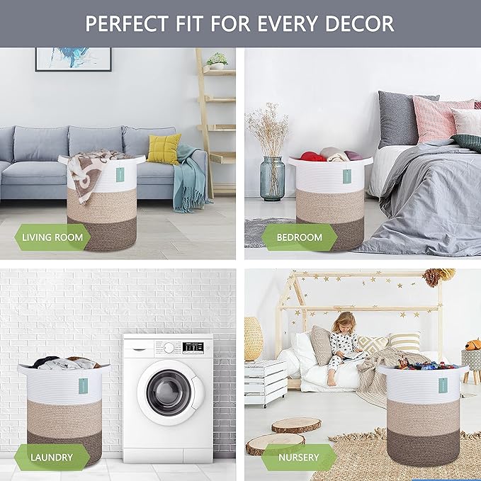 Large Blanket Basket, Nursery Hamper, Tall Laundry Basket 72L, Cotton Rope Woven Laundry Hamper for Storage Toys Clothes Towels, 16”x 22”, White & Gradient Brown