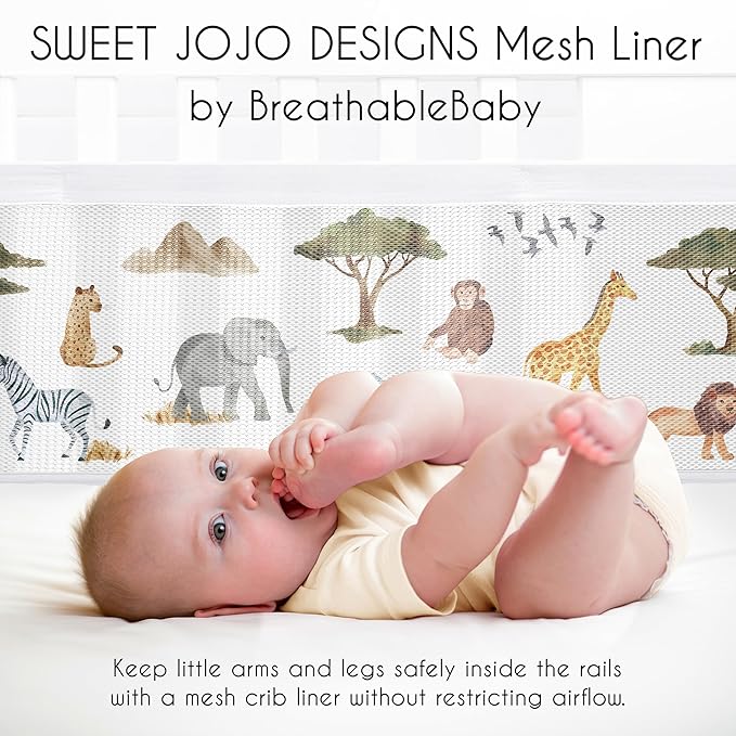 Sweet Jojo Designs + BreathableBaby 2-Piece Breathable Mesh Crib Liner Set (Jungle Animals) for Boys/Girls, Baby, Infants/Newborn Nursery (Boho, Safari Animal, Elephant, Lion, Leopard, Cheetah, Green)