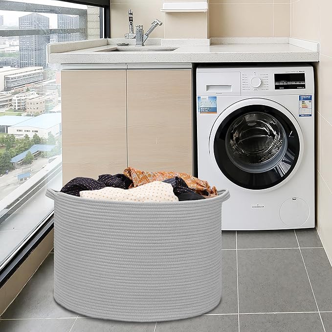 Extra Large Blanket Basket 87L, Laundry Hamper, Baby Nursery Hamper for Storage Toys Clothes Towels, Large Cotton Rope Laundry Basket for Girls Boys, 22”x 14”, Light Gray