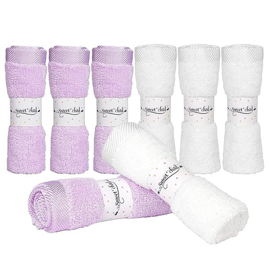 Sweet Child 8-Pack Baby Washcloths -Super Soft Rayon,Wash Cloths for Newborn,Infants and Kids, Bath Baby Towels, for Body and Face (Purple/White)
