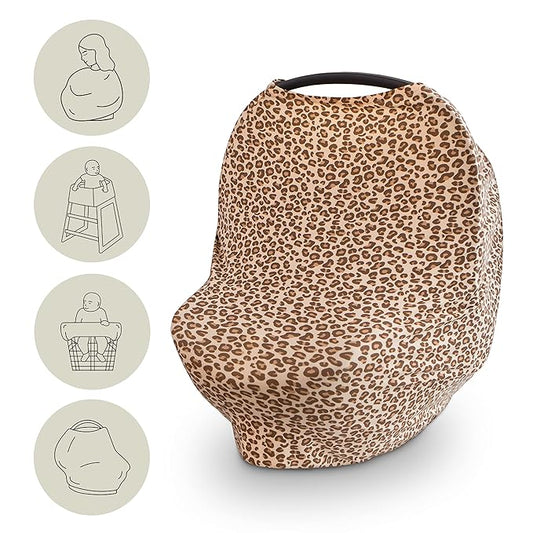 mushie Baby Car Seat Canopy Cover | Breathable & Stretchy Multi Use Cover for Breastfeeding, Nursing, High Chair, Shopping Cart, Strollers (Leopard)