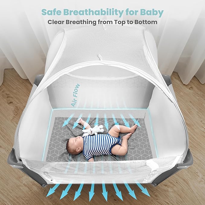 Premium Pack n Play Tent, Mini Crib Tent to Keep Baby from Climbing Out, Auto Pop Up Pack and Play Tent with Auto-Lock Zippers, Thick Velvety Breathable Mesh (Geometric Cubes)