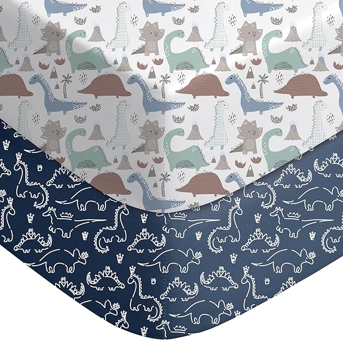 Yoofoss Baby Crib Sheets 2 Pack for Boys and Girls - 52x28 Fitted Crib Sheet Neutral Fits for Standard Crib and Toddler Mattress, Ultra Soft Breathable Microfiber Dark Blue Dinosaurs