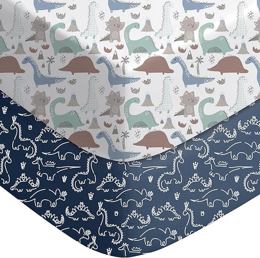 Yoofoss Baby Crib Sheets 2 Pack for Boys and Girls - 52x28 Fitted Crib Sheet Neutral Fits for Standard Crib and Toddler Mattress, Ultra Soft Breathable Microfiber Dark Blue Dinosaurs