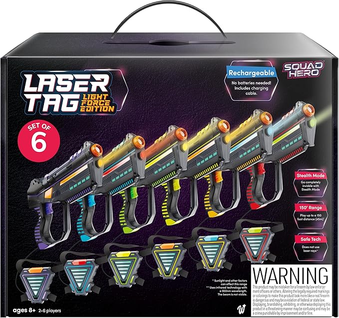 Squad Hero Rechargeable Laser Tag Set of 6 for Kids Teens & Adults - Boys Gifts - Blasters & Vest Sensors - Fun Ideas Age 8+ Year Old Toys - Lazer Teen Boy Game Boys & Girls Outdoor Teenage Activities