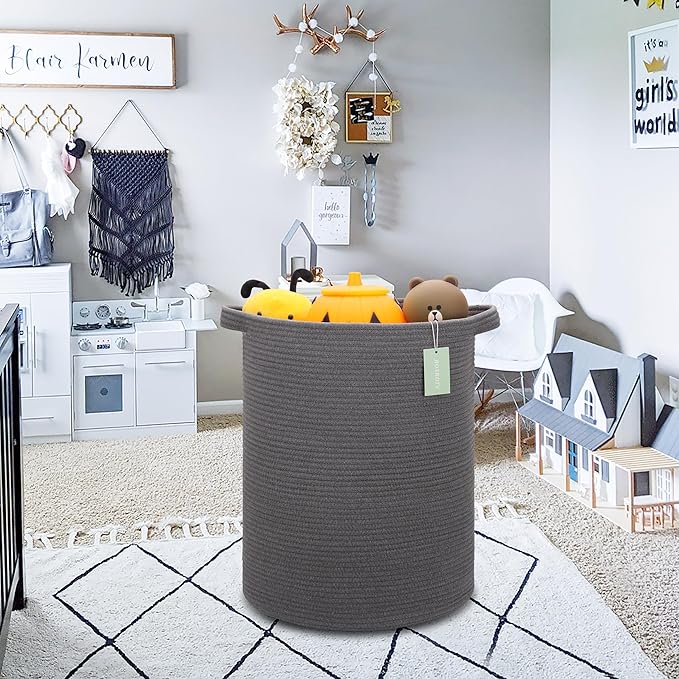 Large Cotton Rope Laundry Hamper 72L, Tall Baby Nursery Hamper, Woven Storage Basket for Living Room Bedroom, Laundry Basket for Storage Toys Clothes Towels, 16”x 22”, Dark Gray