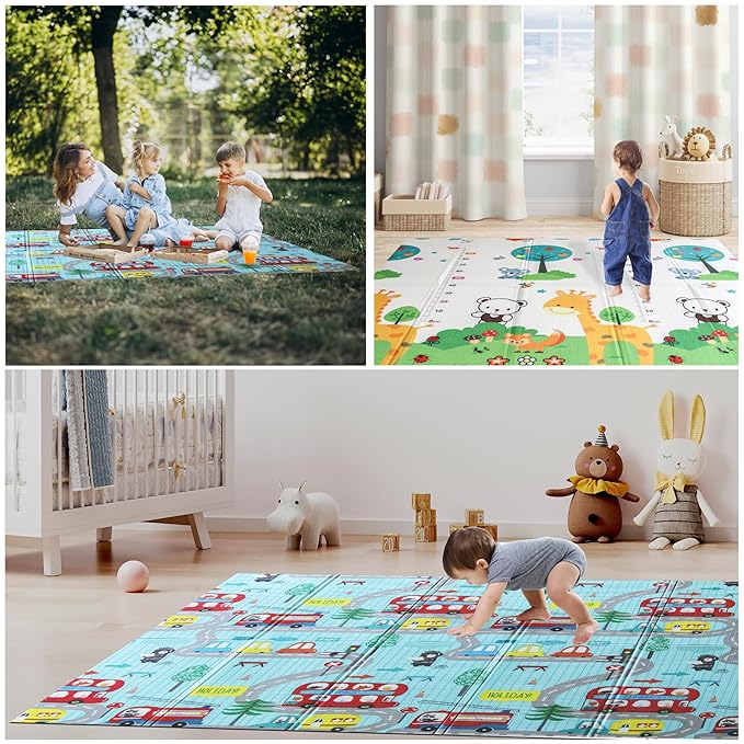Foldable Baby Play Mat, Extra Large, Non-Toxic, Waterproof Activity Playmats for Babies, Education for Infant, Non-Slip Double Sided (79”x71” 0,4in Olive) boy and Girl