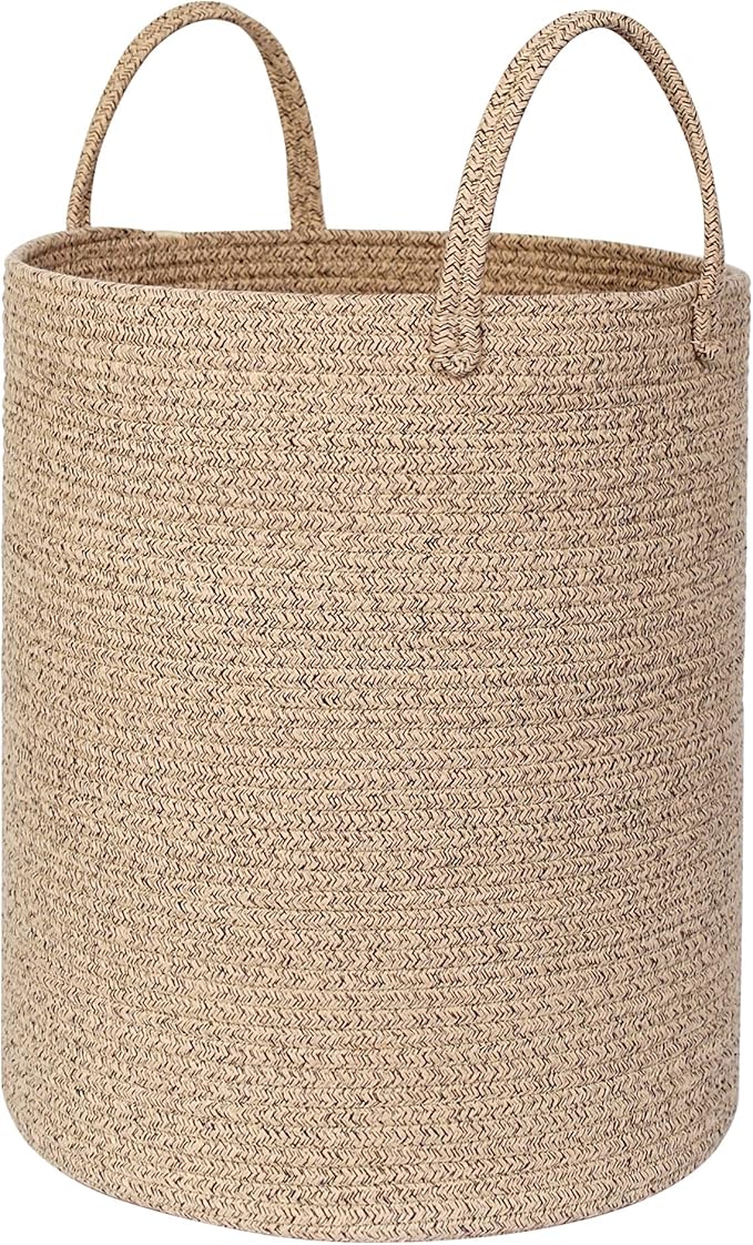 Large Woven Laundry Basket, 15"x18" Tall Blanket Storage for Living Room, Cute Nursery Kids Baby Laundry Hamper, Wicker Hamper for Bedroom Aesthetic, Cotton Rope Dirty Clothes Decor Basket