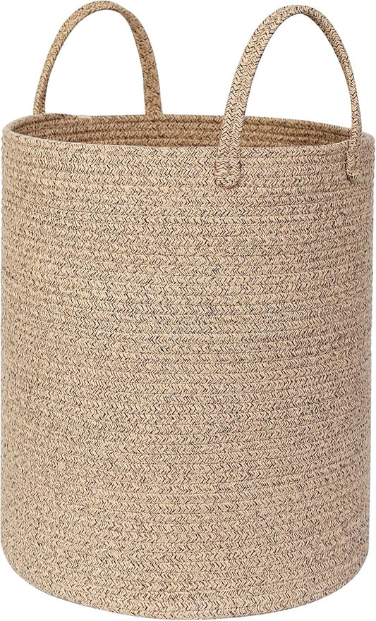 Large Woven Laundry Basket, 15"x18" Tall Blanket Storage for Living Room, Cute Nursery Kids Baby Laundry Hamper, Wicker Hamper for Bedroom Aesthetic, Cotton Rope Dirty Clothes Decor Basket
