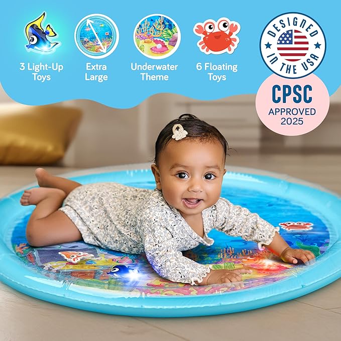 SplashEZ Magical Tummy Time Water Mat for Babies | Captivating Lights for Extended Developmental Play