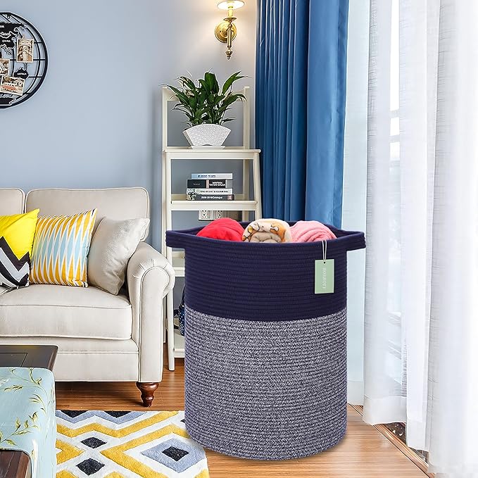 Large Laundry Hamper for Girls Boys Kids 72L, Nursery Hamper, Tall Laundry Basket, Cotton Rope Woven Blanket Basket for Storage Toys Clothes Towels, 16”x 22”, Navy Blue