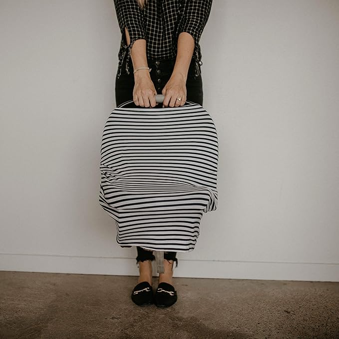 Parker Baby 4 in 1 Car Seat Cover for Girls and Boys - Stretchy Carseat Canopy, Nursing Cover, Grocery Cart Cover, High Chair Cover - Gray/White Stripes