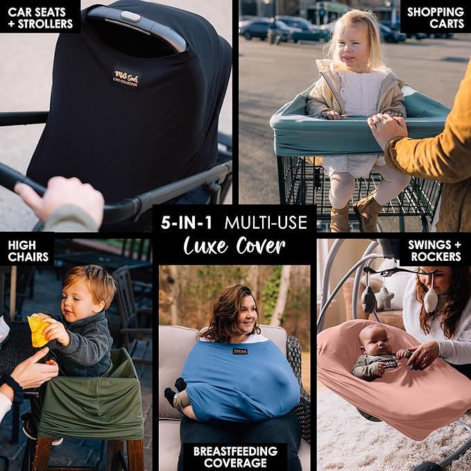 Milk Snob Original 5-in-1 Luxe Nursing Cover in Black - Added Privacy Breastfeeding Cover, Car Seat Cover for Carrier, Stroller, High Chair, Shopping Cart, Lounger Canopy, Newborn Essentials