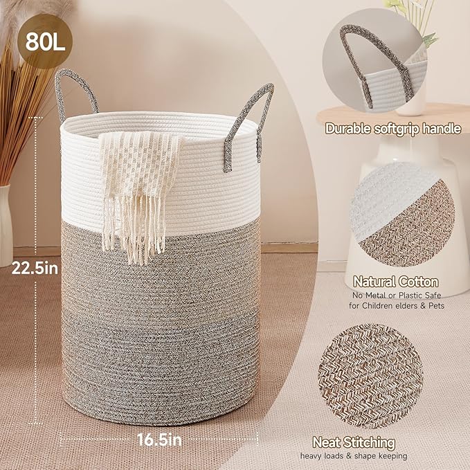 CLHMILY&Z 80L Laundry Basket Round Storage Rope Basket - 16.5x22.5 Inches - Laundry Hamper in Bedreoom and Mutil Storage Bin for Blankets, Toys, and Nursery Essentials