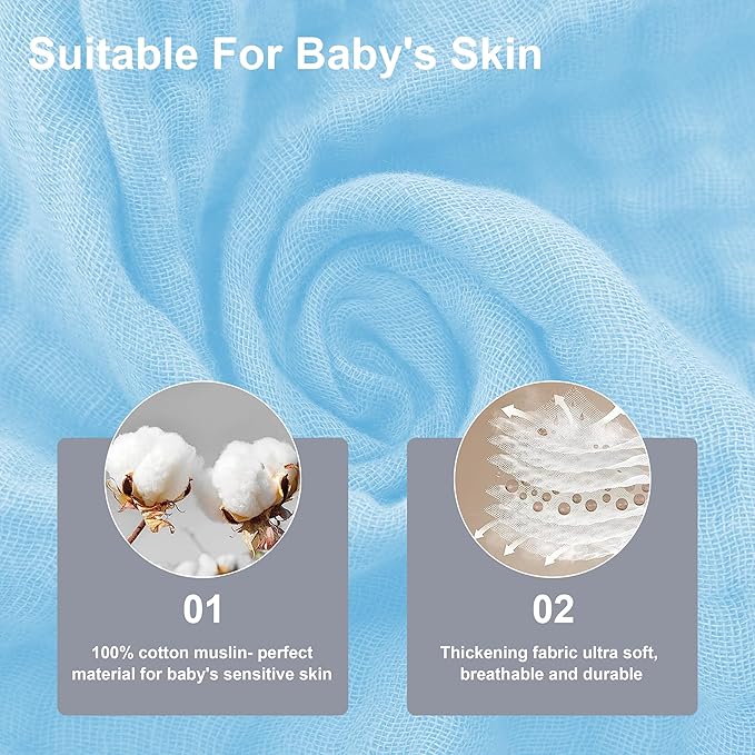 SWEET DOLPHIN 12 Pack Baby Muslin Washcloths - Soft Face Cloths for Newborn, Absorbent Bath Wash Cloths, Wipes, Burp Rag - Toddlers Essentials Stuff, Baby Registry as Shower -10"x10", Aquamarine