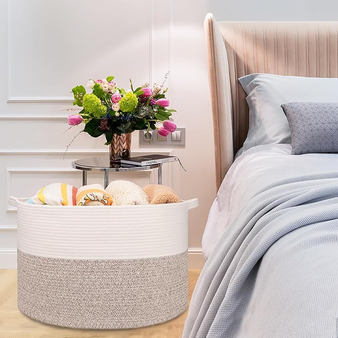 Extra Large Blanket Basket 87L, Laundry Hamper, Baby Nursery Hamper for Storage Toys Clothes Towels, Large Cotton Rope Laundry Basket for Girls Boys, 22”x 14”, White & Brown