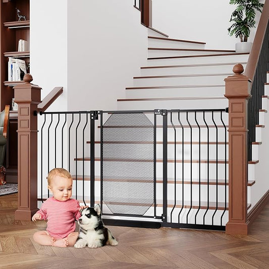 29.5"-60.5" Extra Wide Metal Mesh Baby Gate for Stairs & Doorways - Auto Close, Pressure Mounted 30.5" Tall, Easy Install, No Drilling - Child Satety Gate for Babies, Pet Gate for Dogs, Black