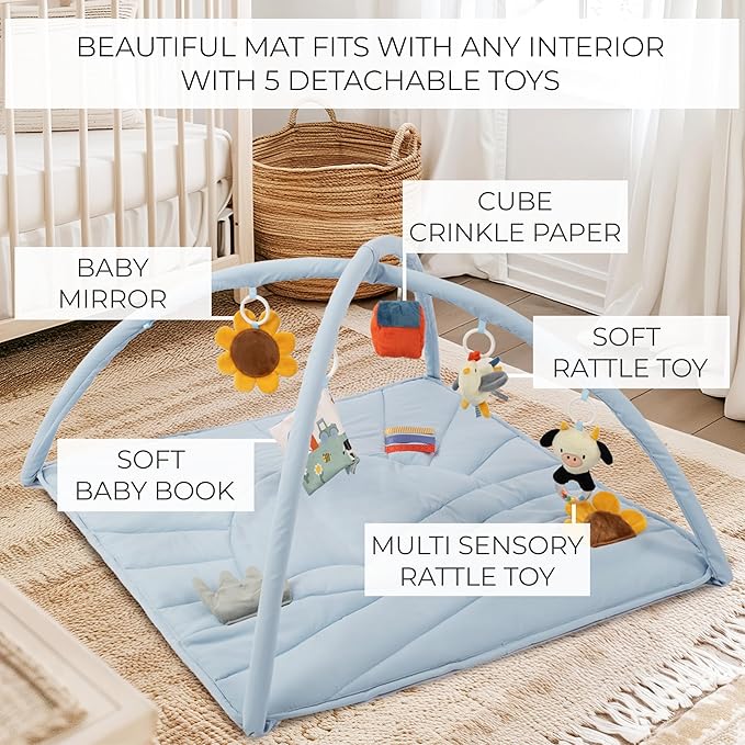Beautiful Baby Play Gym and Tummy Time Mat - Soft Mat with 5 Farm Toys Creates The Perfect Activity Area for Your Girl/Boy - Stylish Infant Floor Playmat Fits Nicely with Any Playroom Decor